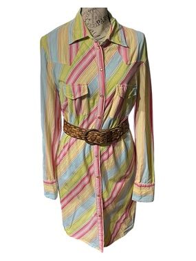 Striped Pastel Button-Up Western Shirt Dress - Multicolor 6